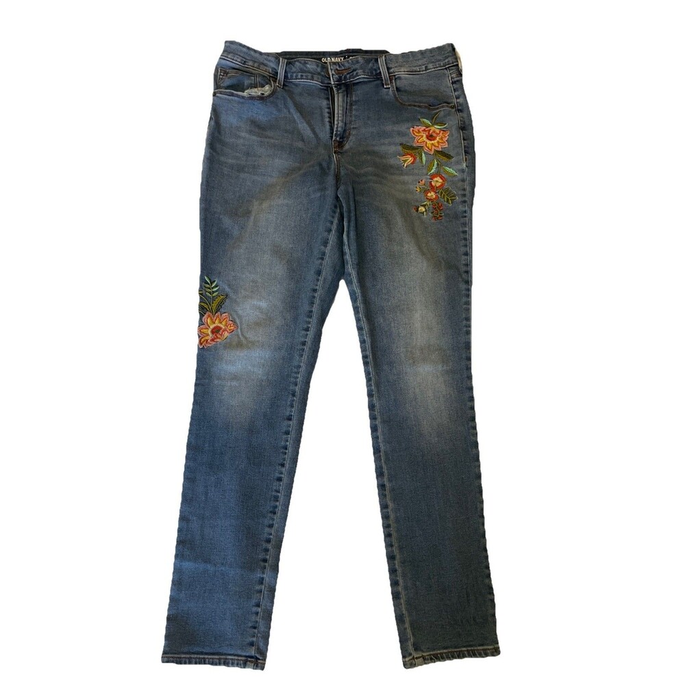 Old Navy Rockstar Mid-Rise Skinny Jeans Size 12 Floral Embroidered Boho Denim